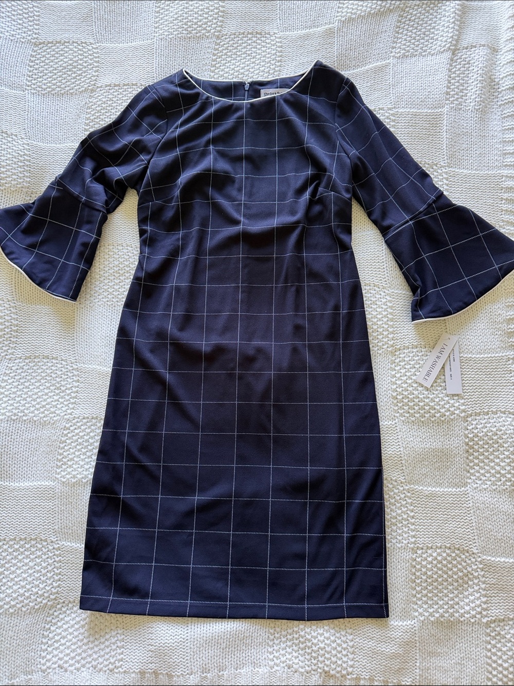 Shelby & Palmer Navy Windowpane Bell-Sleeve Midi Dress